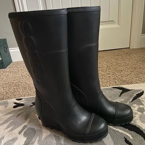Knee high, Black Sorel Wedge Rain Boots- size 9.5